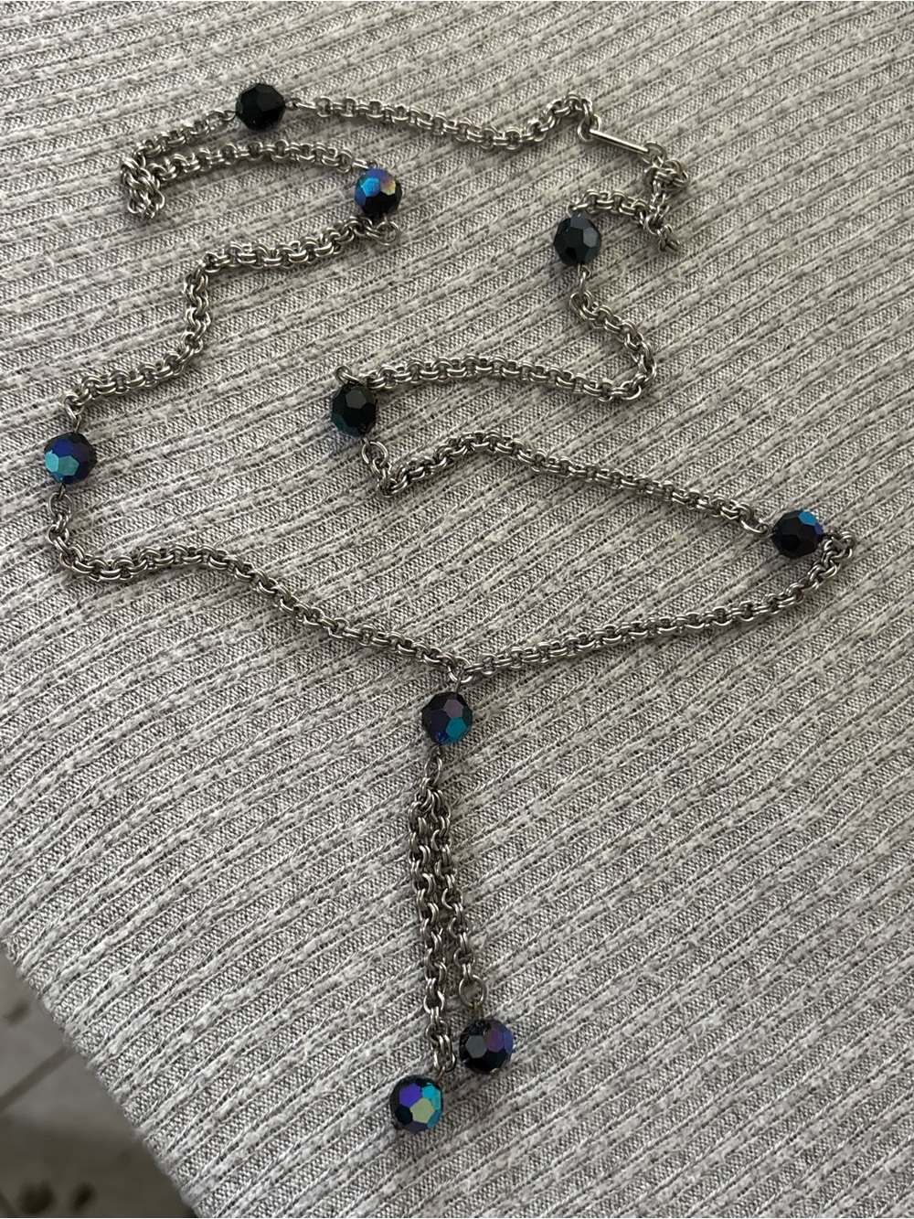 Vintage silver tone iridescent beaded dangly chain necklace